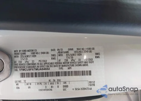 2021 Ford Escape S z USA, uszkodzony, nr VIN 1FMCU9F67MUA94602